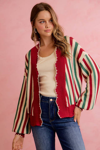 Christmas Open Front Knit Cardigan with Scalloped Edges