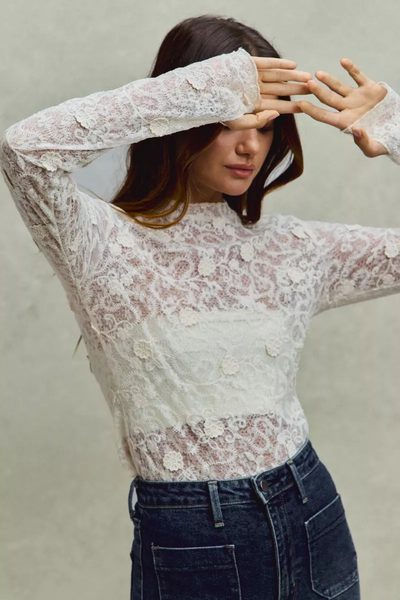 SO ME Lace Long Sleeve 3d Effect Floral Layering Top