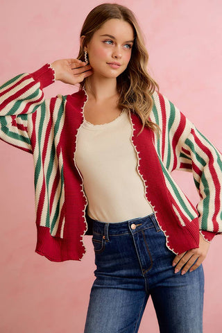 Christmas Open Front Knit Cardigan with Scalloped Edges