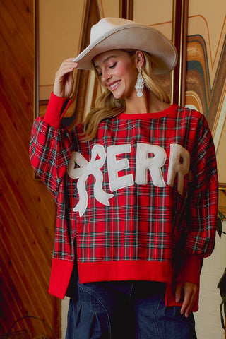Christmas Tartan Plaid Merry Chenille Patch Sweatshirt