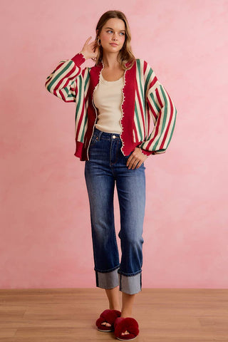 Christmas Open Front Knit Cardigan with Scalloped Edges