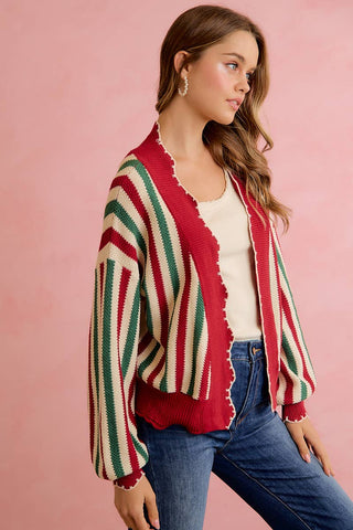 Christmas Open Front Knit Cardigan with Scalloped Edges