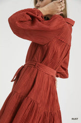 Umgee Crinkle Button-Front Tiered Mini Dress with Waist Tie