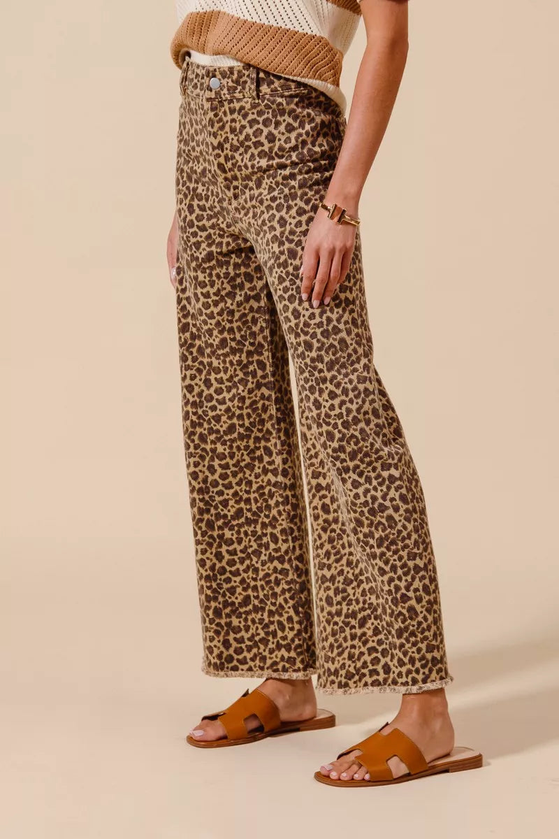 SO ME Mid Rise Leopard Twill Frayed Hem Wide Leg Pants