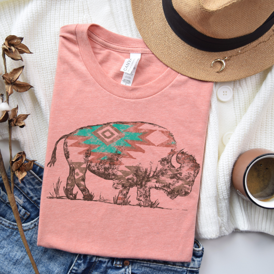 Mint &amp; Red Aztec Buffalo Graphic Tee
