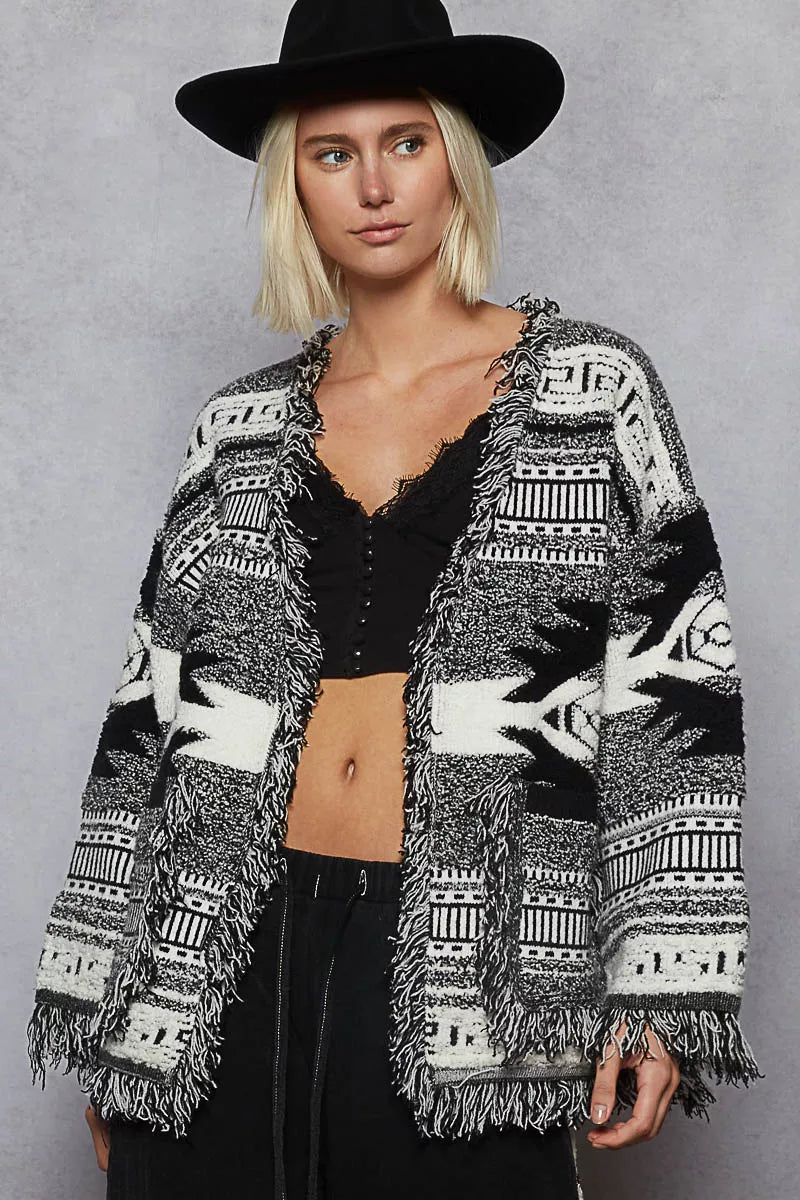 POL Open Front Geometric Print Cardigan with Fringe Detail