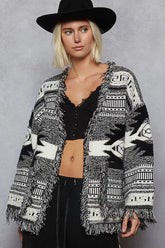 POL Open Front Geometric Print Cardigan with Fringe Detail