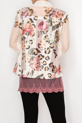 Origami - Leopard Floral Faux Suede Mesh Trimmed Detailed Jacket