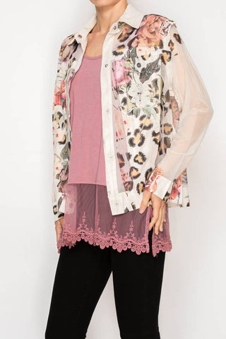 Origami - Leopard Floral Faux Suede Mesh Trimmed Detailed Jacket