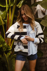 BiBi Patchwork Striped Round Neck Sweatshirt