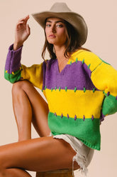 BiBi Stitch Detail Mardi Gras Stripes Sweater