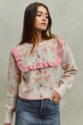 SO ME Flower With Ruffle Detailing Sweater Cardigan