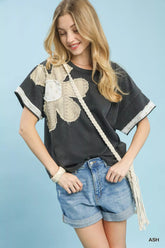 Umgee French Terry Top with Flower Patch