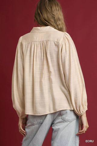 Umgee Long Sleeve Blouse with Leopard Print Trim