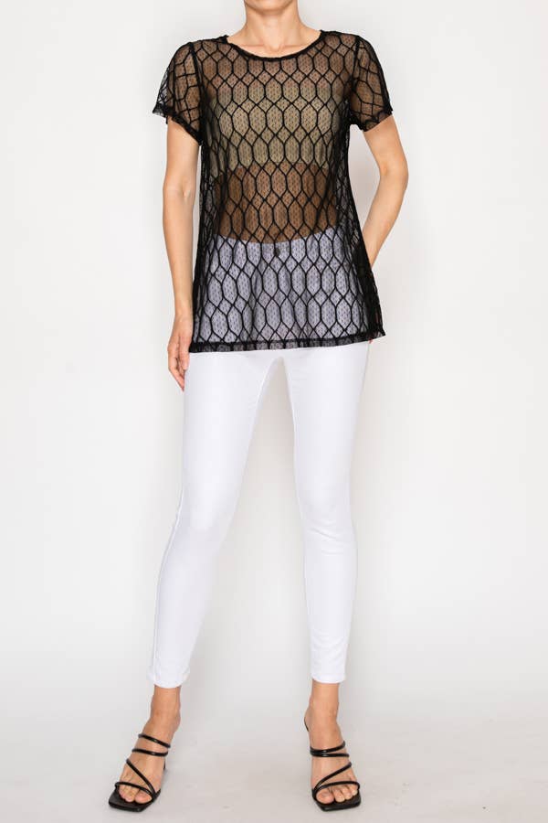 Sheer Lattice Mesh Short Sleeve Blouse – OLS-4868 BK