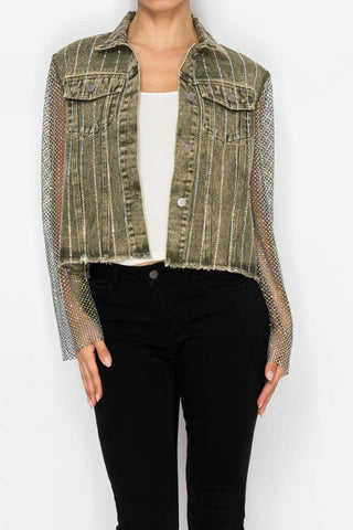 Denim jacket w/ sparkly details  OLS-4777SW OLIVE: SW OLIVE / L