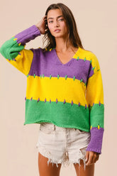 BiBi Stitch Detail Mardi Gras Stripes Sweater