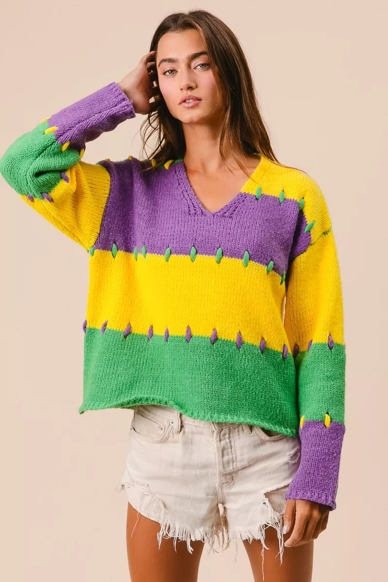 BiBi Stitch Detail Mardi Gras Stripes Sweater