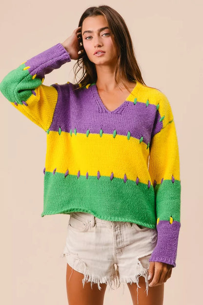BiBi Stitch Detail Mardi Gras Stripes Sweater