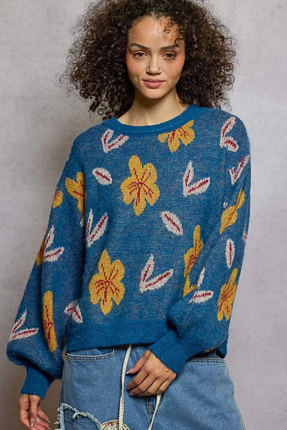 POL Floral Pattern Round Neck Balloon Sleeve Sweater