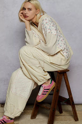 POL Mix Thermal Floral Pattern Quilted Knit Cropped Top with Raw Edge Detail