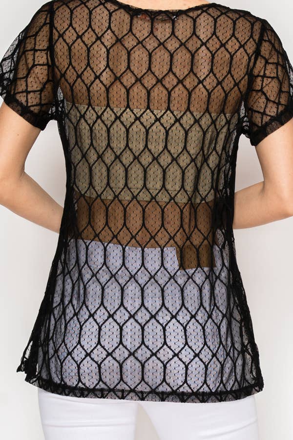 Sheer Lattice Mesh Short Sleeve Blouse – OLS-4868 BK