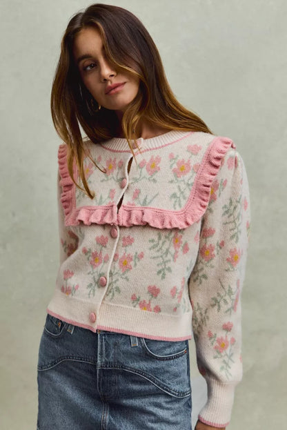 SO ME Flower With Ruffle Detailing Sweater Cardigan