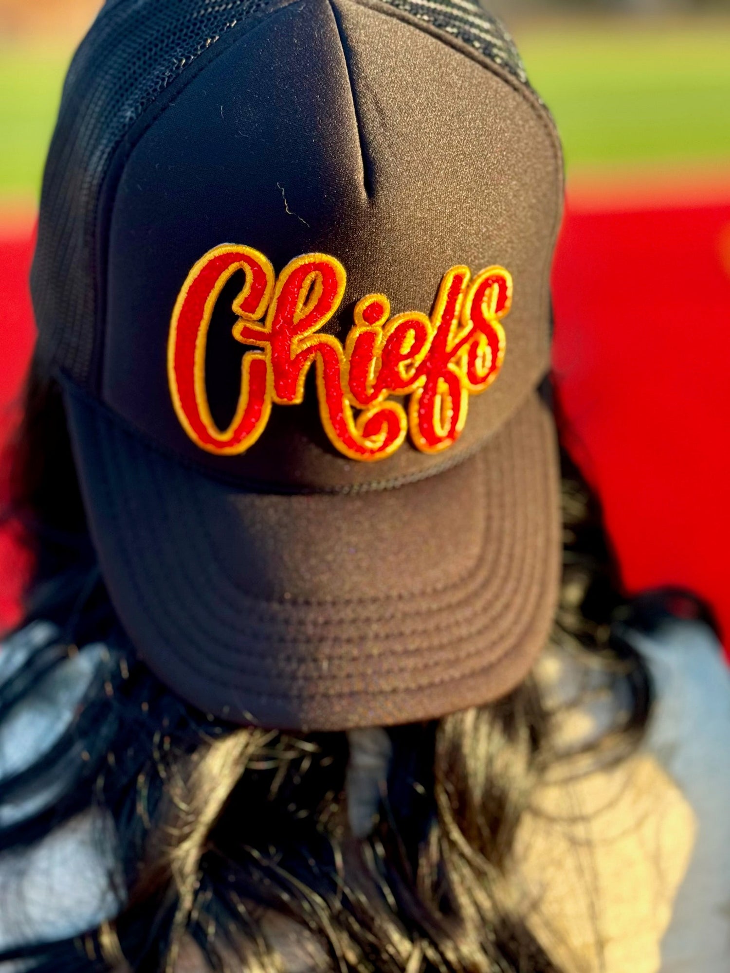 Red &amp; Gold Chiefs Chenille Patch Trucker Cap by Randi Mahomes