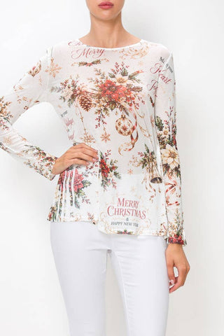 Merry Christmas Rhinestone Mesh Top by Origami
