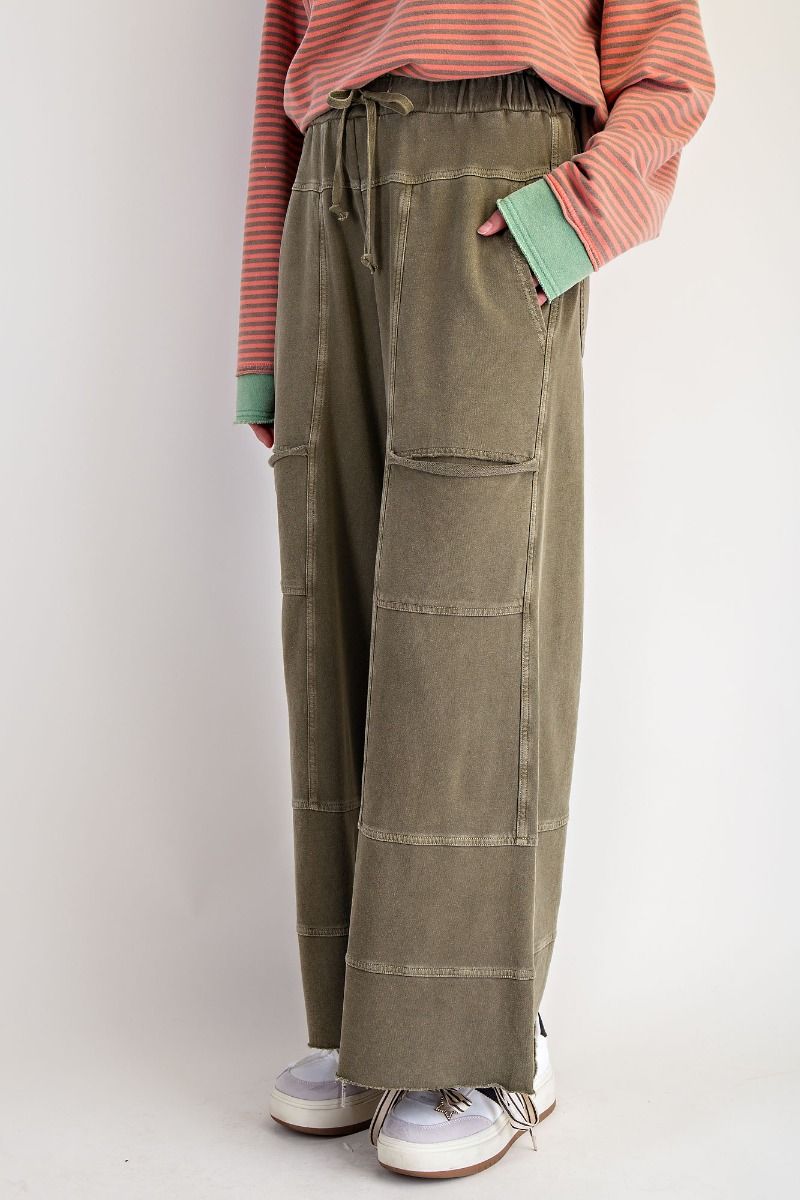 EASEL Washed Olive Cargo Wide-Leg Lounge Pants