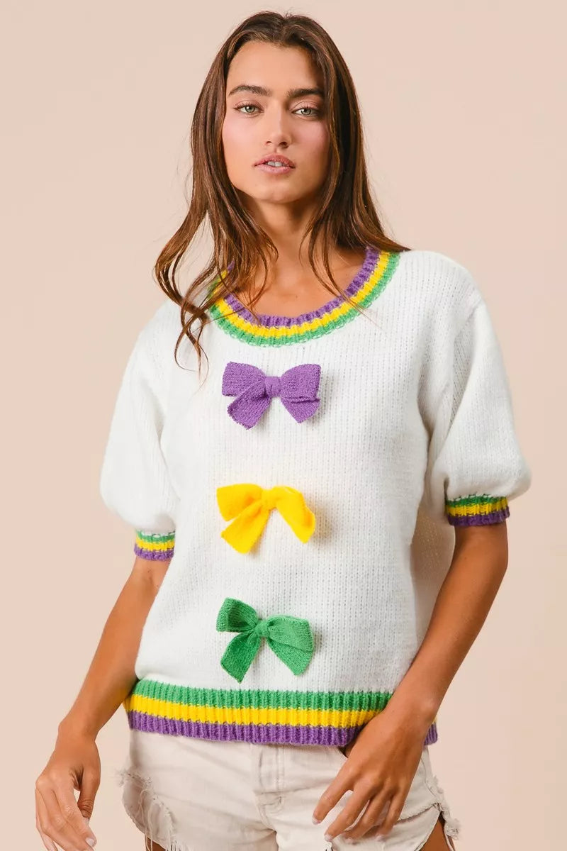 BiBi Short Puff Sleeve Ribbon Bow Mardi Gras Sweater
