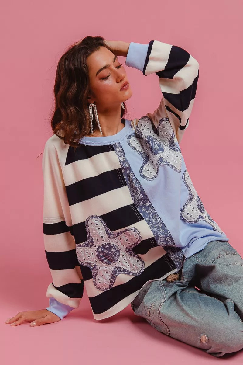 BiBi Patchwork Striped Round Neck Sweatshirt
