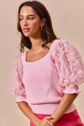 SO ME Rosette Sleeves Square Neck Sweater Knit Top