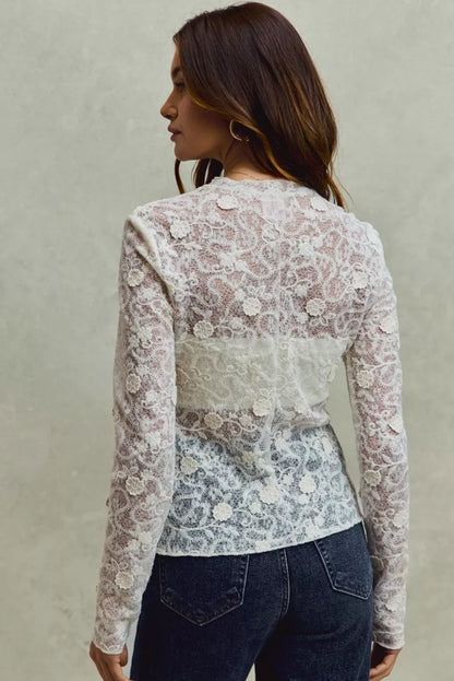 SO ME Lace Long Sleeve 3d Effect Floral Layering Top