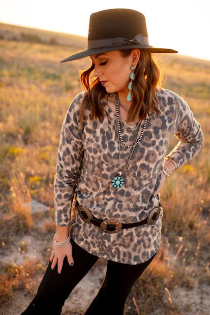 Fuzzy Leopard Long-Sleeve V-Neck Top