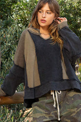 POL Color Block Waffle Knit Raw Hem Sweatshirt