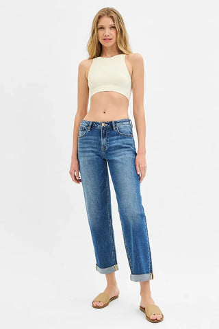 RISEN Full Size Mid Rise Boyfriend Roll Up Jeans Plus Size