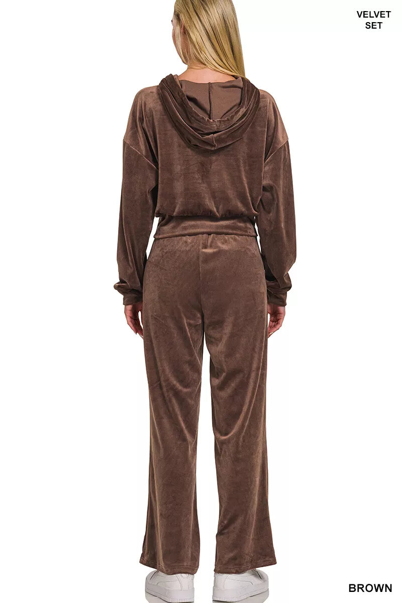 Zenana Velvet Zip Up Hoodie and Pants Set