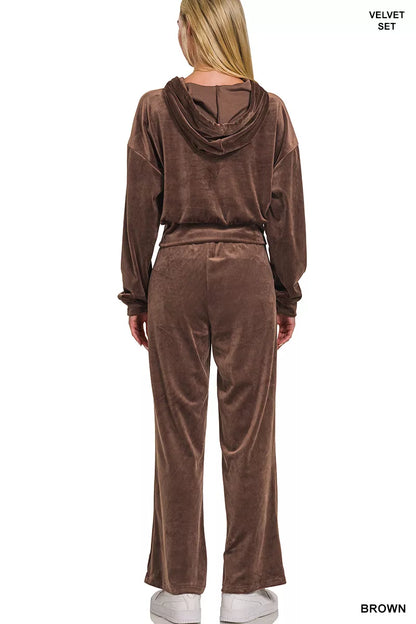 Zenana Velvet Zip Up Hoodie and Pants Set
