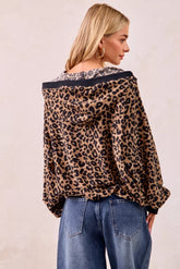 BiBi Leopard Print Waffle Half Zip Up Hoodie W Pocket