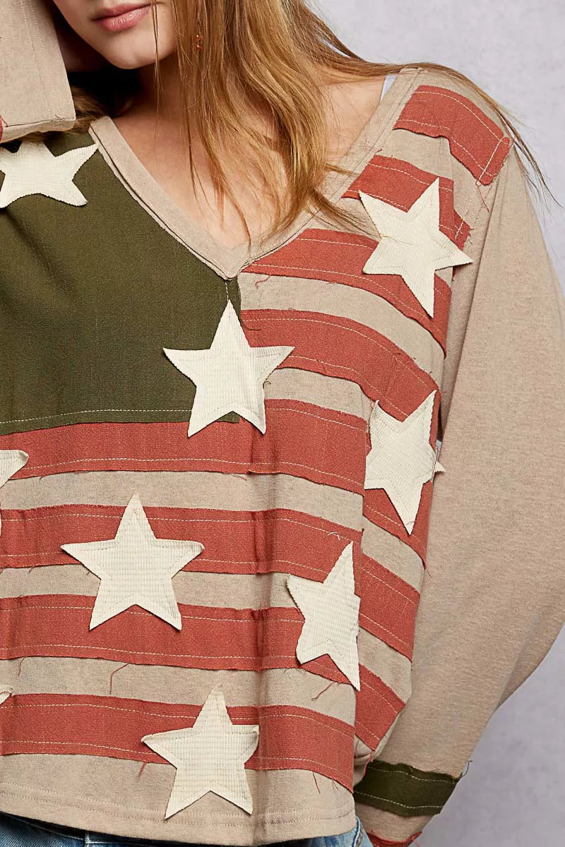 POL Double Gauze American Flag Patch V-Neck Long Sleeve T-Shirt
