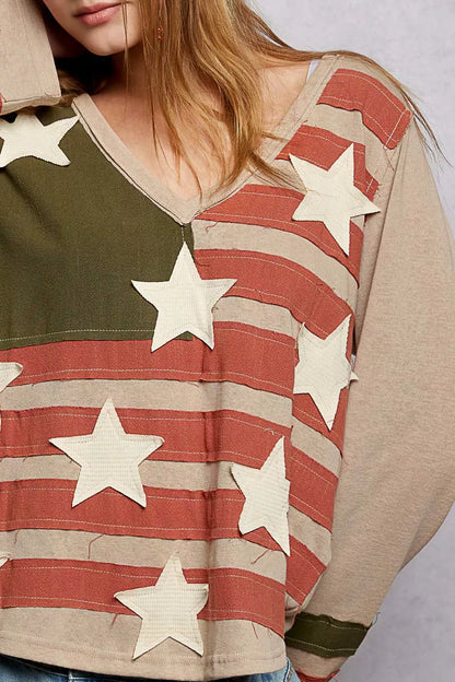 POL Double Gauze American Flag Patch V-Neck Long Sleeve T-Shirt