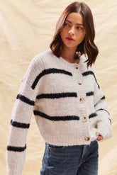 SO ME Stripe Soft Touch Button Cozy Sweater Cardigan
