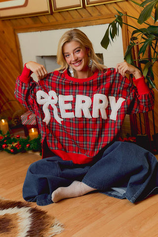 Christmas Tartan Plaid Merry Chenille Patch Sweatshirt