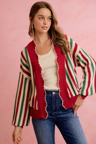 Christmas Open Front Knit Cardigan with Scalloped Edges