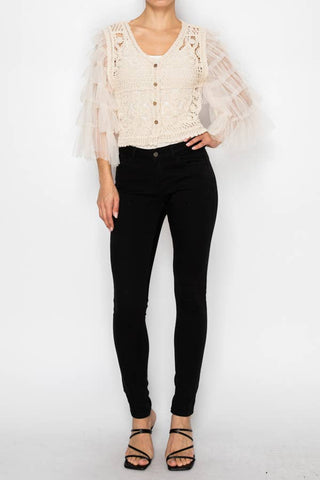 CROCHET CROPPED CARDIGAN WITH TIERED MESH SLEEVES OLS-4941: Black / S/M