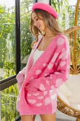 BiBi Heart Color Block V-Beck Knit Cardigan with Pockets