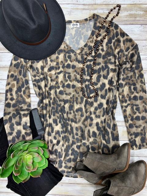 Fuzzy Leopard Long-Sleeve V-Neck Top