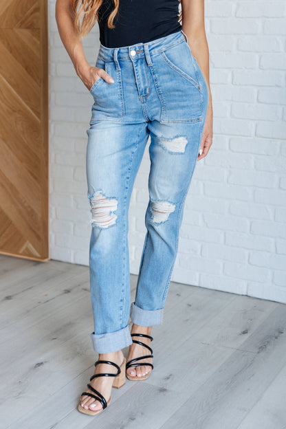 Denim Aiden High Rise Patch Pocket Distressed Boyfriend Jeans