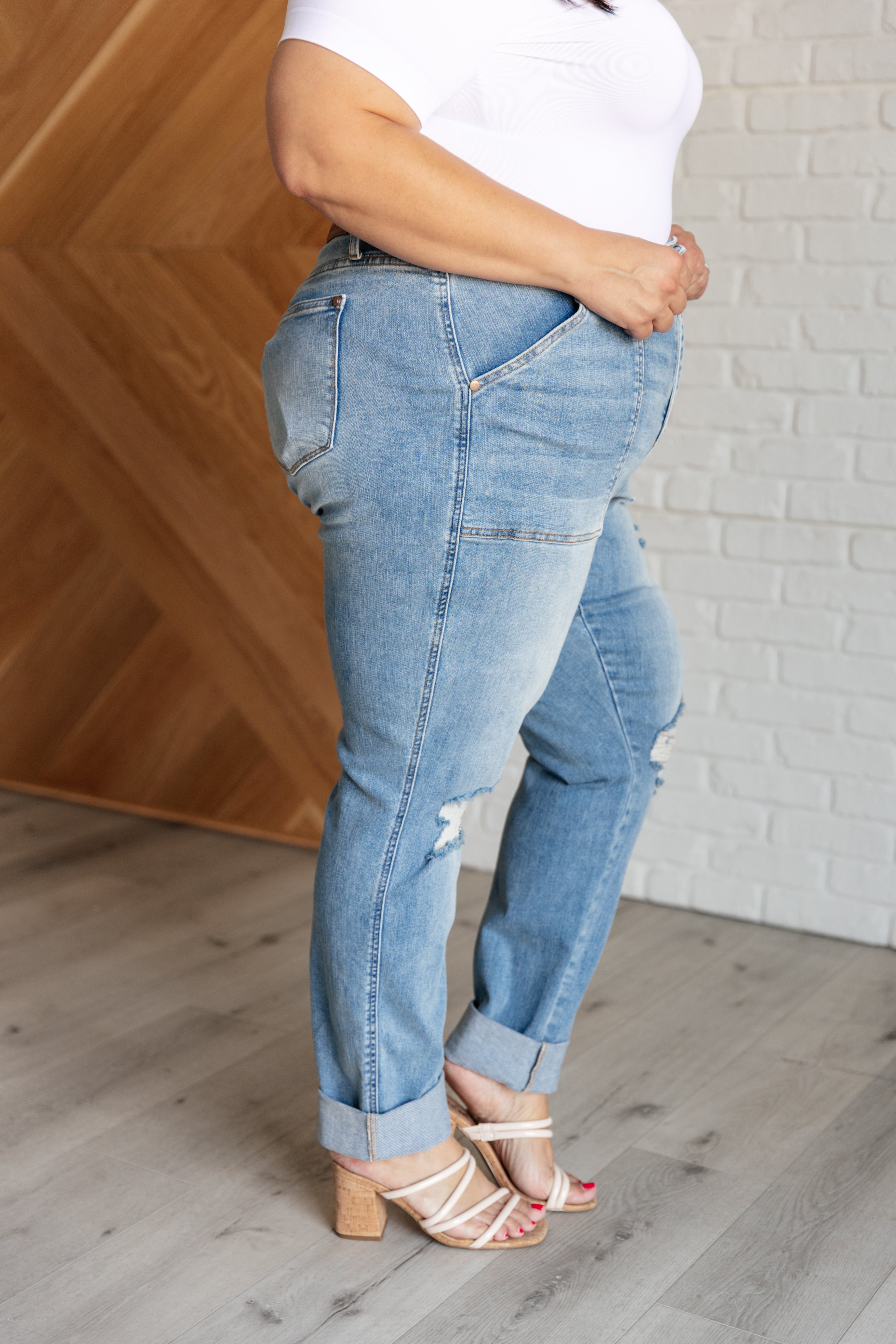 Denim Aiden High Rise Patch Pocket Distressed Boyfriend Jeans